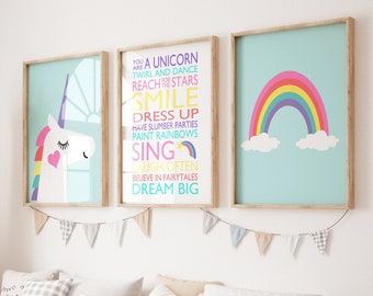 Eenhoorn badkamerkunst, meisjes badkamer decor, regenboog eenhoorn kunst aan de muur voor meisjes slaapkamer decor, set van 3 PRINTS OF CANVAS