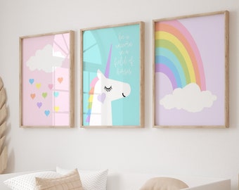 Unicorn Pictures for Girl Room Decor, Unicorn and Rainbow Art, Be A Unicorn in A Field of Horses Quote, Set of 3 Unicorn PRINTS OR CANVAS