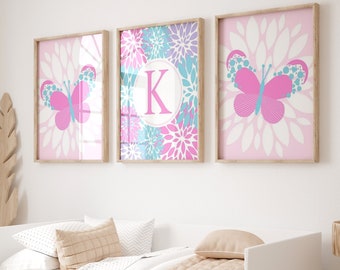 Butterfly Wall Art for Girls Room Decor, Pink Butterflies Art, Toddler Girls Bedroom Decor, Set of 3 Floral Butterfly PRINTS OR CANVAS