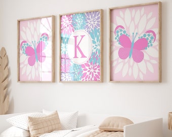 Butterfly Prints for Girls Room Decor, Set of Three Butterfly Wall Art Kids, Pink Butterfly Art, Set of 3 Floral Butterfly PRINTS OR CANVAS