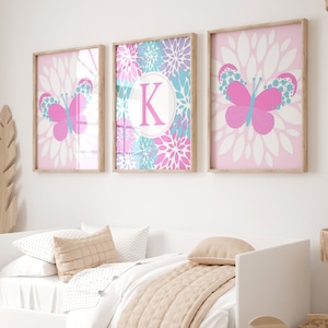 Butterfly Wall Art for Girls Room Decor, Pink Butterflies Art, Floral Butterfly Decor for Girls Bedroom, Set of 3 Butterfly PRINTS OR CANVAS