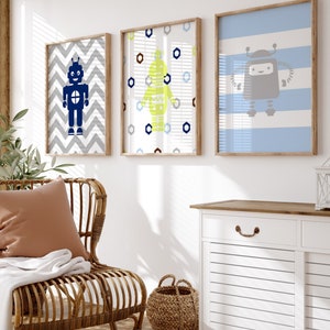 Arte de pared de robots, decoración de dormitorio de niño, decoración de robots, arte de guardería de robots, decoración de baño de niño, imágenes de robots, juego de 3 impresiones o lienzos de robots