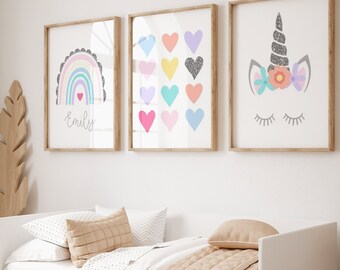 Young Girl Room Decor, Unicorn Hearts Rainbow Art, Rainbow Room Decor, Rainbow Heart Decor, Set of 3 Unicorn Prints or Unicorn Canvas Art