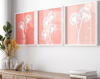 Coral Dandelion Art Coral Dandelion Bathroom Art, Set of 3 Dandelion Prints, Coral Flower Art, Coral Floral Art, Dandelion CANVAS OR PRINTS