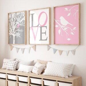 Bird Art, Pink Bird Wall Art, Bird Bedroom Wall Art, Nature Decor, Bird Nursery Art Girl Room Decor, Set of 3 Bird Prints or Bird Canvas Art