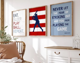 Baseball Decor for Boys Room, Baseball Wall Art, Baseball Art for Boys Room Decor, Kids Baseball Prints Set of 3 or Boys Baseball Canvas Art