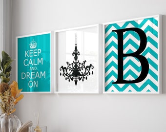 Keep Calm and Dream On, Chevron Monogram Initial, Chandelier - Set of Three Prints or Canvas for Teen Girl Bedroom Art, Teen Room Decor Girl