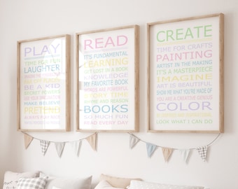 Pastel Playroom Decor, Playroom Rules, Girls Playroom Art, Play Read Create, Set of 3 Prints or Canvas