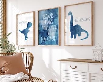 Niebieska grafika ścienna z dinozaurem, dekoracja pokoju dla chłopca z dinozaurem, niebieska akwarela z dinozaurem, dekoracja pokoju dziecięcego z dinozaurem, zestaw 3 wydruków lub płótna