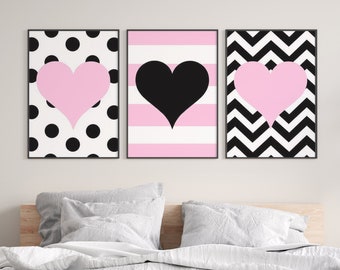 Heart Prints, Heart Art for Girl Bedroom Decor, Heart Room Decor, Heart Nursery Art, Toddler Girl Bedroom Art, Set of 3 Prints or Canvas