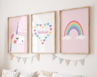 Arredamento camera da letto per ragazze, arredamento unicorno, arte da parete a cuore per bambini, arredamento camera unicorno, arte arcobaleno personalizzata, set di 3 stampe o tele di unicorno