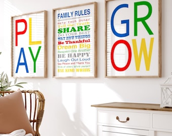 Playroom Wall Art, Family Rules Print, Kids Room Decor, Grow Play Sign, Colorful Playroom Poster, Set of 3 PRINTS OR CANVAS