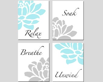 Relax Soak Breathe Unwind Bathroom Decor Bathroom Wall Art Aqua Bathroom Decor Adult Bathroom Floral Art Set of 4 Prints or Canvas