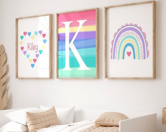 Colorful Room Decor for Girls, Rainbow Wall Art Print, Heart Art, Girl Bedroom Decor, Pastel Rainbow Art, Set of 3 Ombre PRINTS OR CANVAS