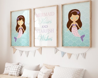 Mermaid Nursery Art, Mermaid Wall Art for Girls Bedroom Decor, Mermaid Bathroom Art, Set of 3 Prints or Canvas
