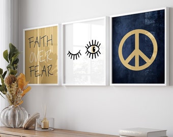 Teen Girl Room Decor, Faith Over Fear Quote, Girls Dorm Decor, Teenage Girl Bedroom Art, Navy Gold Peace Sign Art, Set of 3 PRINTS OR CANVAS