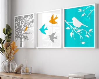 Bird Nursery Art Prints, Modern Bird Art, Set of Three Bird Prints or Bird Canvas Art, Bird in a Tree Print, Adult Bedroom Decor Nature Art