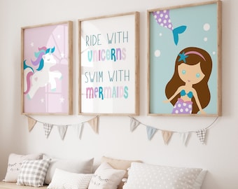 Arte de sereia e unicórnio, decoração para quarto de meninas pequenas, frase "Cavalgue com unicórnios, nade com sereias", conjunto de 3 impressões ou tela.