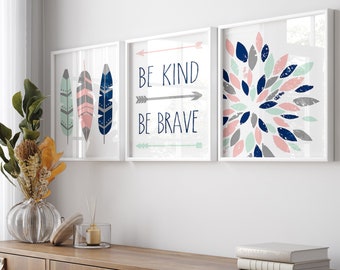 Tribal Girl Nursery Decor Arrows Tribal Nursery Art, Feathers, Be Kind Be Brave Quote, Abstract Floral Flower, Set of Three PRINTS or CANVAS