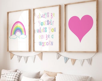 Rainbow Prints Unicorn Decor Rainbow Wall Art Heart Room Decor Girl Room Decor Unicorn Room Decor Pink Set of 3 Prints - CANVAS OR PRINTS