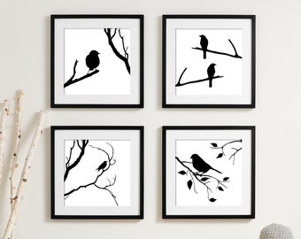 Arte degli uccelli in bianco e nero, Arte delle pareti della fattoria, Stampe d'arte naturalistiche, Stampa di uccelli su un ramo, Stampe di fattorie, Set di 4 STAMPE O TELA di uccelli