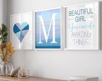 Tween Girl Room Decor, Teen Girl Room Decor Blue, Inspiring Quotes for Girl Bedroom Decor, Ombre Heart Initial, Set of 3 Prints or Canvas