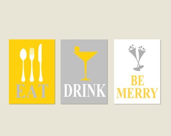 Eat, Drink and Be Merry - Set of Three 5x7 Kitchen Prints - Kitchen Decor - CHOOSE YOUR COLORS - Shown in Gray, White, and Mustard Yellow