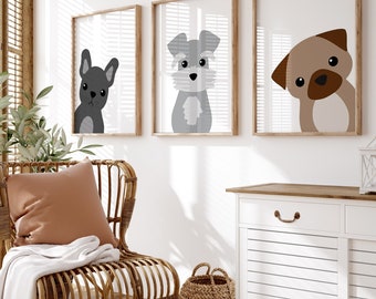 Dog Art for Nursery Decor, Puppy Nursery Prints, Dog Wall Decor, Dog Playroom Art, Dog Grooming Salon Art, Set of 3 Dog Art PRINTS OR CANVAS