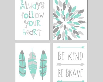 Girl Room Decor Teal, Teen Girl Bedroom Prints, Tween Wall Art Mint, Set of 4 PRINTS OR CANVAS