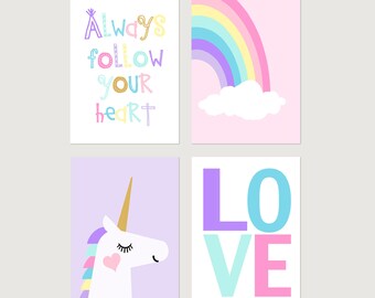 Unicorn Wall Art for Girls Bedroom Decor, Unicorn and Rainbow Art, Set of 4 PRINTS OR CANVAS