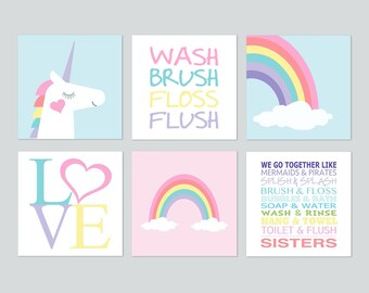 Sisters Bathroom Decor, Sisters Bathroom Art, Unicorn Bathroom Decor, Unicorn Bathroom Art, Rainbow Bathroom Art, Set of 6 Prints or Canvas