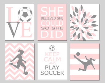 Girls Soccer Decor, Soccer Room Decor for Girls, Girls Soccer Gifts, Soccer Decorations, Set of 6 Soccer Art Prints or Soccer Canvas Art