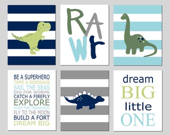 Dinosaur Nursery Art, Toddler Boy Room Decor, Dino Wall Art, Set of 6 Prints or Canvas