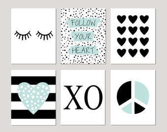 Modern Girls Decor, Teen Girl Room Decor, Girl Bedroom Decor Mint Black White, Tween Girl Wall Art, Set of 6 Modern Heart PRINTS OR CANVAS