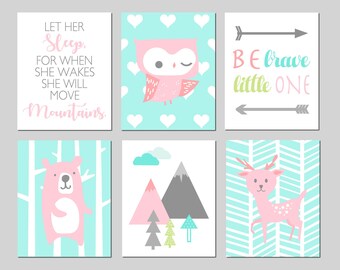 Girl Woodland Nursery Decor Girl Mountain Nursery Art, Let Her Sleep Move Mountains, Be Brave Little One Set of 6 Woodland Prints or Canvas