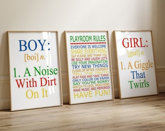 Playroom Decor, Playroom Wall Art, Playroom Rules Sign, Playroom Art Girl and Boy, Set of 3 Playroom Prints Kids Wall Art - CANVAS OR PRINTS