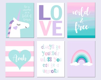 Unicorn Room Decor Unicorn Bedroom Decor Girl, Unicorn Rainbow Decor, Unicorn Wall Art Girly, Set of 6 UNICORN CANVAS ART Six Unicorn Prints