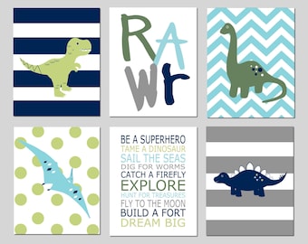Dinosaur Nursery Art, Toddler Boy Room Decor, Dinosaur Wall Art Kids, Dinosaur Nursery Decor, Set of 6 Dino PRINTS OR CANVAS