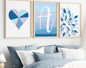 Teen Girl Wall Decor Blue Ombre Art, Tween Girl Bedroom Decor, Tween Girl Room Decor Boho Tie Dye, Set di 3 stampe di cuori moderni o tela