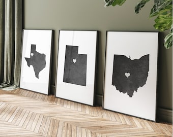 States Wall Art, States Art, States Decor, Three States Wall Art, Three States Wall Decor, Home State Decor, Set of 3 State Canvas or Prints