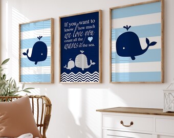Whale Nursery Decor, Nautical Nursery Art for Boys, Beach Nursery, Set of 3 PRINTS OR CANVAS