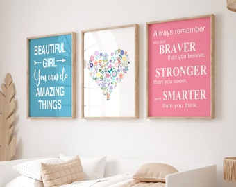 Floral Art Girl Bedroom Decor, Posters for Girl Room Decor, Beautiful Girl You Can Do Amazing Things Quote, Set of 3 Heart PRINTS OR CANVAS