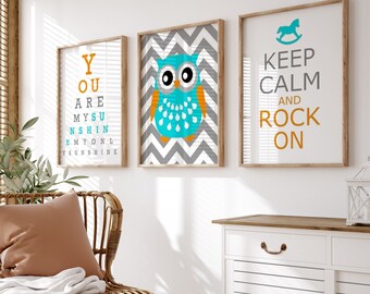 Modern Nursery Art Eye Chart Nursery Art You Are My Sunshine Eye Chart, Chevron Owl Nursery Decor, Set of Three Prints or Nursery Canvas Art