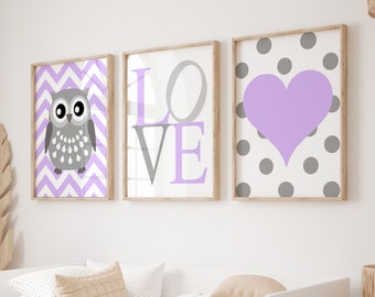 Girls Owl Nursery Art Chevron Owl Decor Purple Nursery Art Lavender Owl Love Heart Trio - Set of 3 Nursery Art Prints - CHOOSE YOUR COLORS