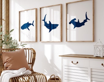 Shark Wall Art for Boy Room Decor, Shark Bedroom Art, Modern Shark Nursery Art, Navy Shark Bathroom Art, Set of 3 Shark Prints or Canvas