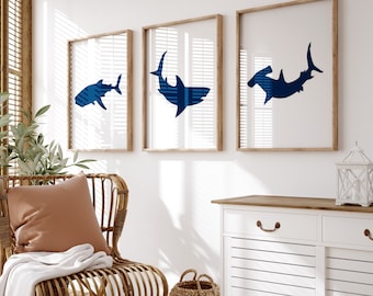 Shark Wall Art for Boy Room Decor, Shark Bedroom Art, Modern Shark Nursery Art, Navy Shark Bathroom Art, Set of 3 Shark Prints or Canvas