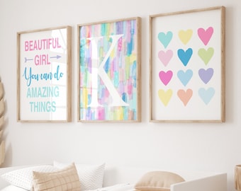 Colorful Girls Room Decor, Tween Girl Bedroom Art, Colorful Heart Art, Watercolor Initial Art, Tween Girl Gifts, Set of 3 PRINTS OR CANVAS