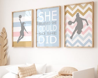 Decoración de baloncesto para chicas, arte de pared de baloncesto para la habitación de una adolescente, ella creyó que podía, así que lo hizo, juego de 3 láminas o lienzos de baloncesto.