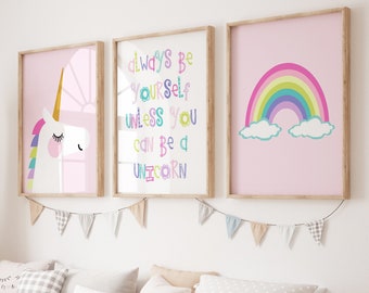 Unicorn Room Decor Unicorn Prints Unicorn Wall Art Unicorn Decor Unicorn Nursery Art Rainbow - Set of 3 Unicorn Prints - CANVAS OR PRINTS