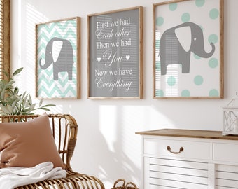 Chevron Elephant Nursery Art Mint, First We Had Each Other Then We Had You Now We Have Everything Quote, Set of 3 Elephant PRINTS OR CANVAS